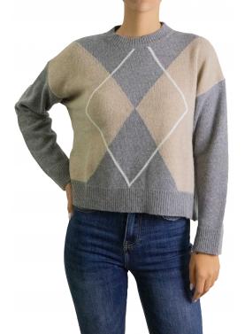 Maglione con rombi bicolore girocollo misto cashmere
